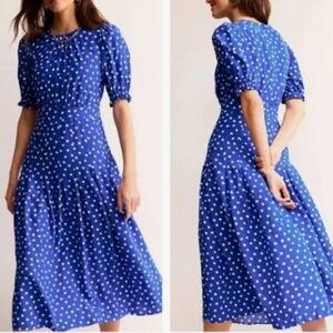 Boden Liv Pleat Blue Polka Dot Midi Dress